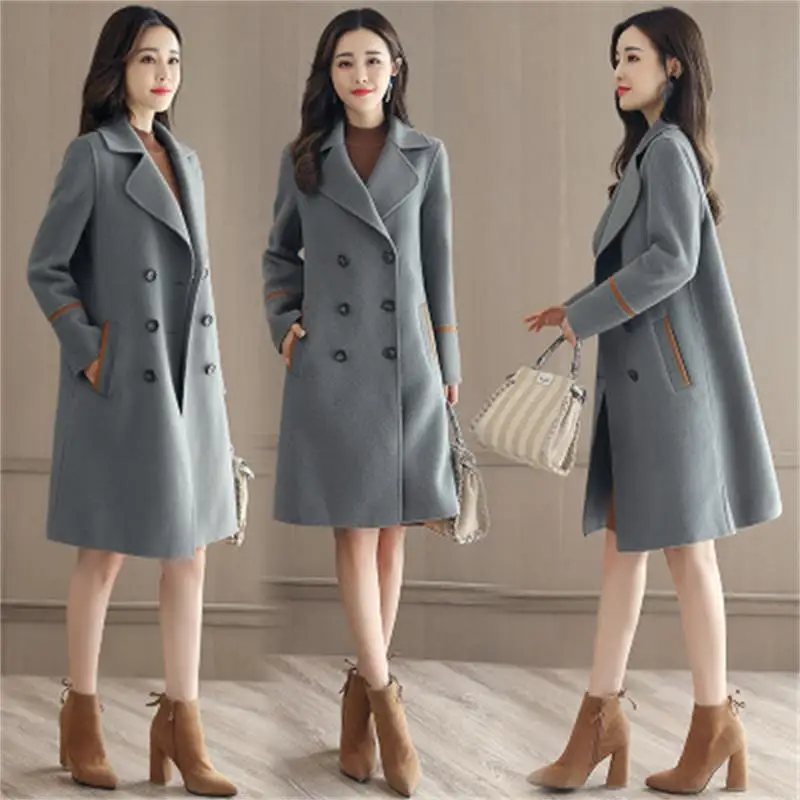 Женское повседневное шерстяное пальто однотонное двубортное из смешанной