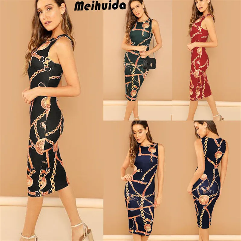 Women Summer Casual and Loose Ultrathin V Neck Sleeveless Chain Print Bodycon Clubwear Evening Party Slim Formal Tank Dress US | Женская