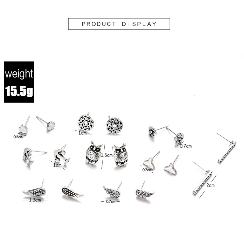 9 пар/уп. богемные винтажные серебряные Сова рыбий хвост якорь Цветочные крылья в