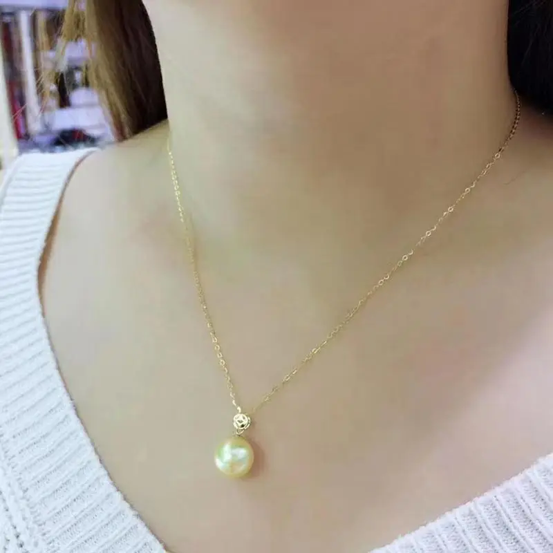 

Xin yi peng real 18 k gold inlaid natural round 10 mm pearl female pendants for women pendants fine jewelry AU750