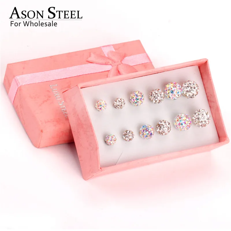 Набор серег из нержавеющей стали ASON Размер 6/8/10 мм 6 пар/кор. серьги фианита модные