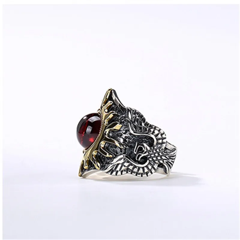 

Jinwateryu fashion jewerly men 925 silver ring with red stone golen sun god rings Helios ring