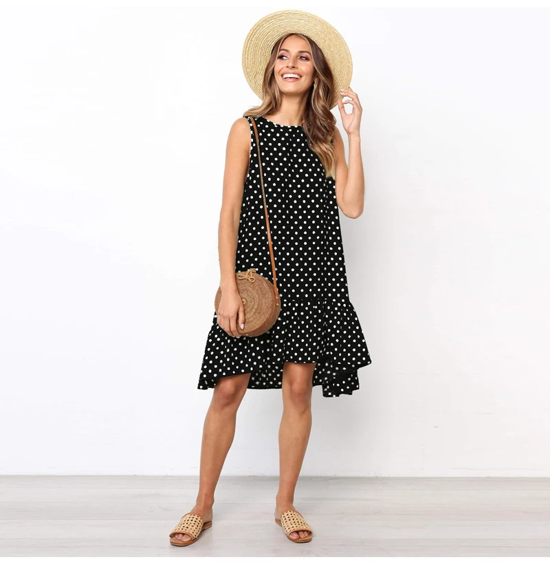 Vestidos, сексуальное ДРАПИРОВАННОЕ женское платье, новинка, летнее, без рукавов, повседневное, ТРАПЕЦИЕВИДНОЕ, свободное, в горошек, с принтом, Пляжное, короткое, мини, сарафан
