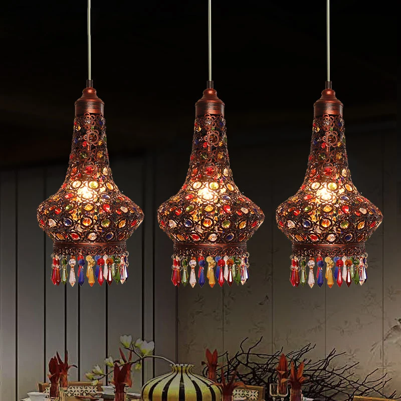 Classic Bohemia Style Restro Pendant Light Iron Carving Lampshade K9 Colors Crystal Decoration 3*E27 LED Bulbs Round Lampbase | Лампы и