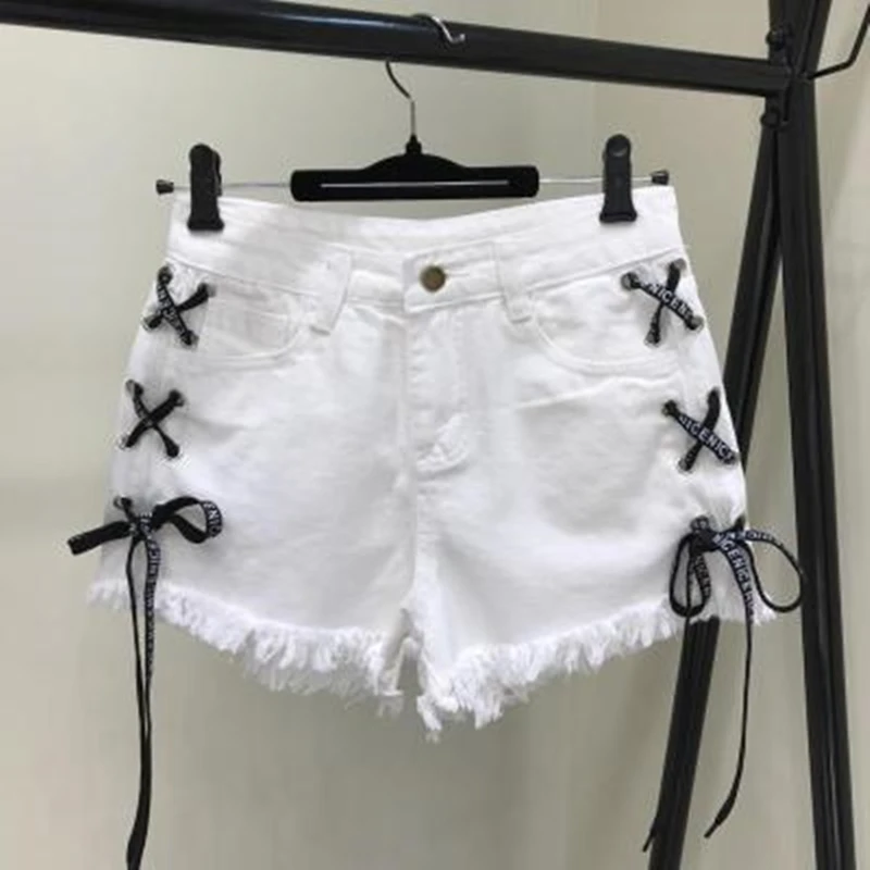 

CHSDCSI Summer Denim Shorts Bandage Tassel Ripped Jeans Sexy Blue Black White High Waist Women