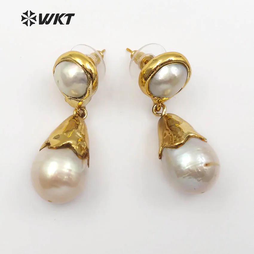 WT-E470 New arrival Beautiful Water drop Special Design Classic Natural baroque pearl Earring with full gold For women jewelry | Украшения