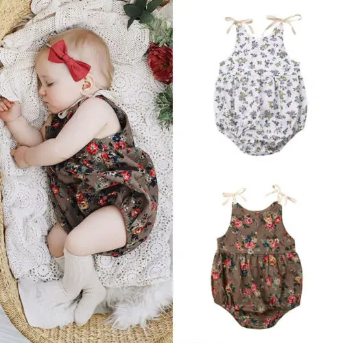 Newborn Baby Girls Print Shoulder Strap Sleeveless Flower Cotton Jumpsuit Bodysuit Summer Clothes Outfits | Мать и ребенок