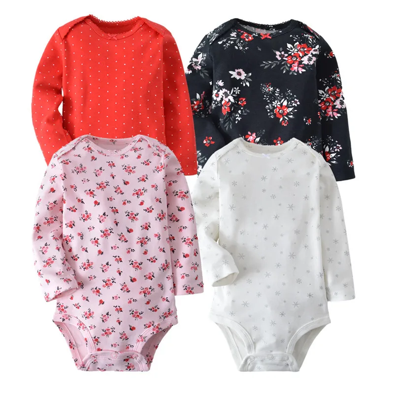 

2018 New Original Baby Girls Boys Long Sleeves Cotton Bodysuits, Baby Fashion Jumpsuit 4pcs/sets flower pattern free shipping