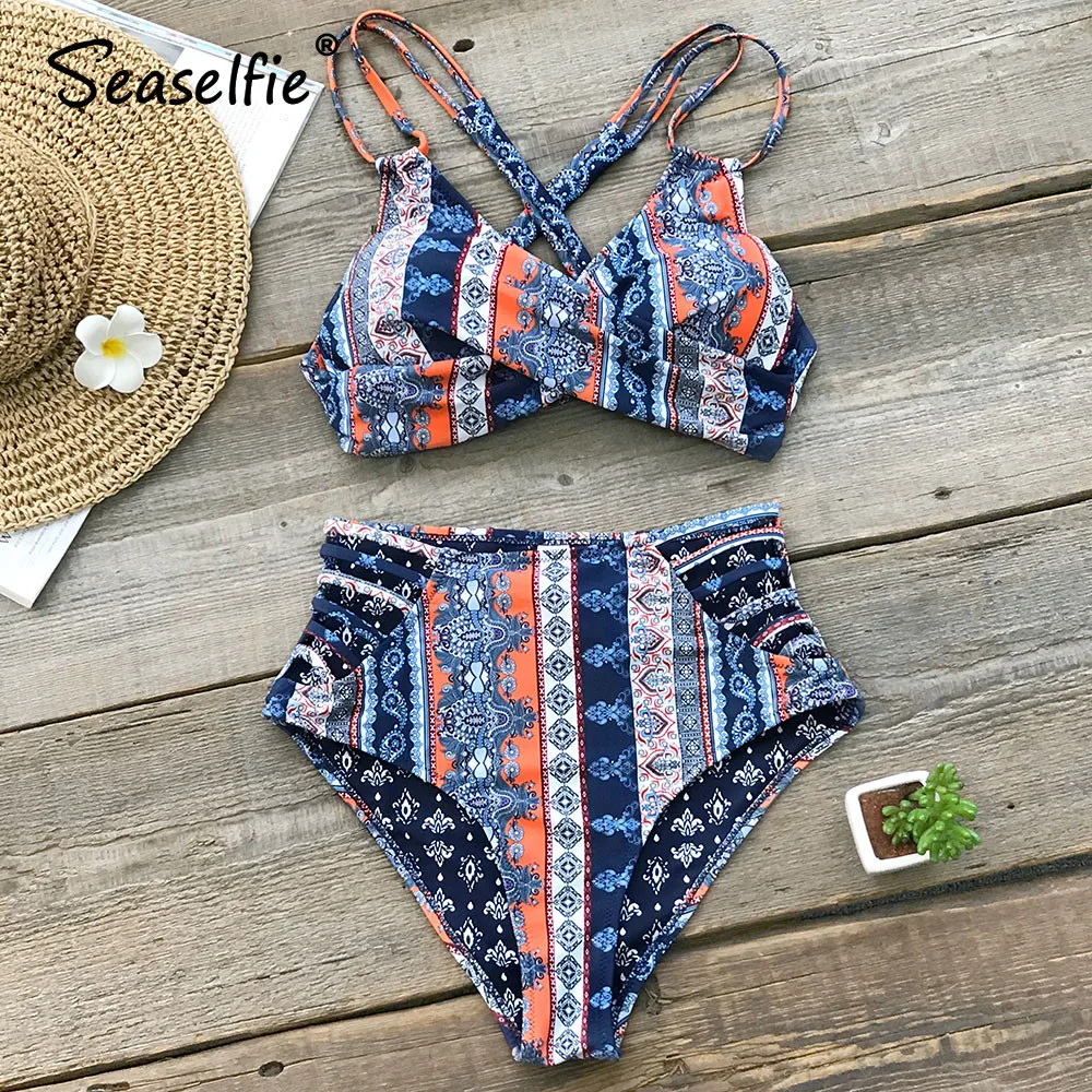 SEASELFIE, Boho, с принтом, Крест Спереди, бикини, наборы,, для женщин, сексуальные, на шнуровке, с высокой талией, с ремешками, два предмета, купальники