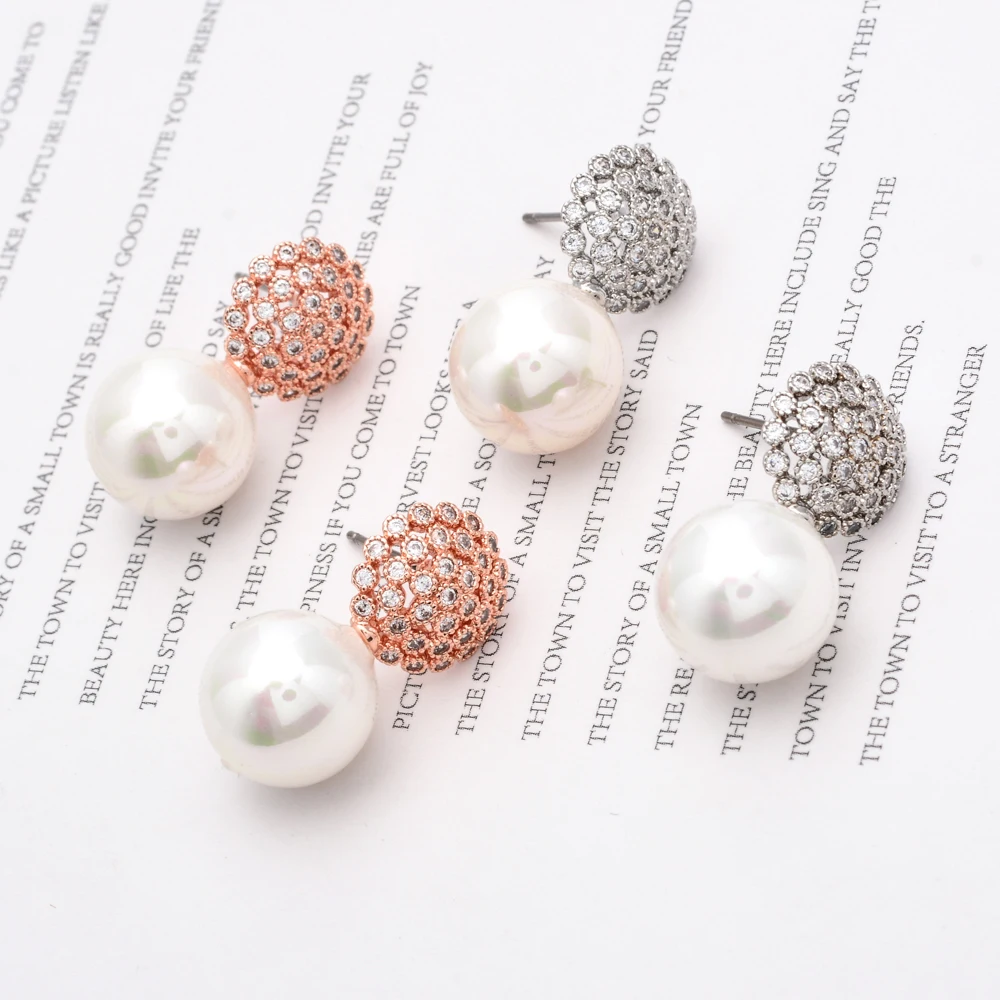 Luxurious round pearl miniature inlaid zircon ear studs Girls/women's party bridal jewelry earrings ER-276 | Украшения и