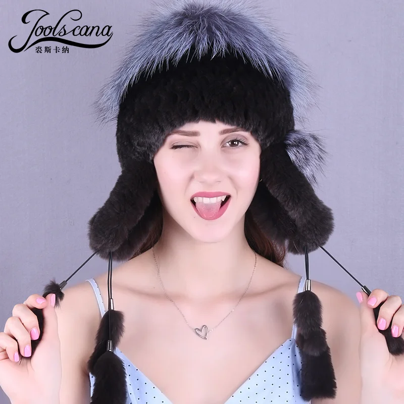 Женская шапка с ушками Joolscana теплая кроличьим мехом зимняя для молодых женщин