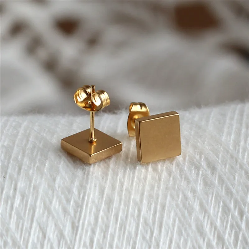 Titanium 316L Stainless Steel Gold-color IP Planting Stud Earrings Square 8mm No Fade Allergy Free Fashion Jewelry