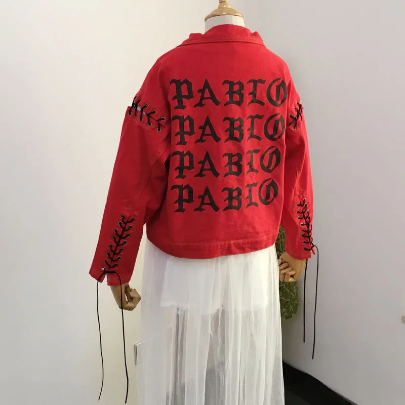 2018 Весна Harajuku принт PABLO Женская одежда Джинсовые куртки Красный tieback с длинным