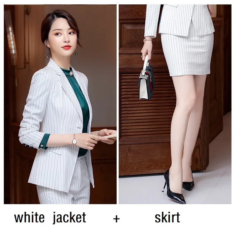 white jacket skirt Женские костюмы, приталенный пиджак в полоску с длинным рукавом, платье, комплект из 2 предметов, OL, официальные женские платья, костюмы, женский комплект, костюмы 871 - Цвет: white jacket skirt