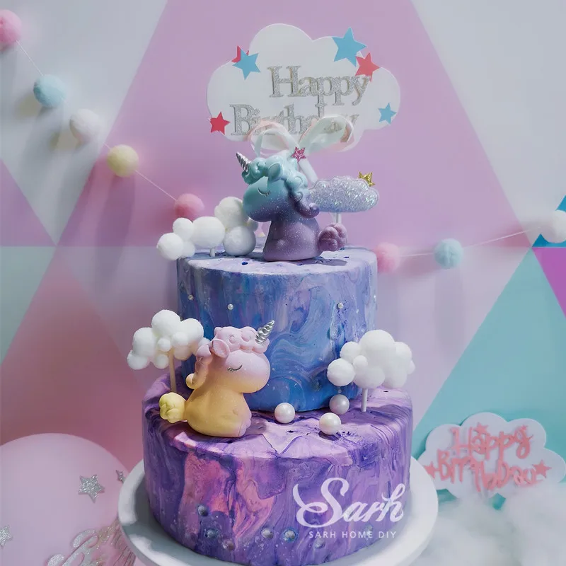 Lovely Blue Pink White Hairball Cloud Gradient Unicorn Cake Decorations Birthday Party Decorations for Baking Cute Gifts
