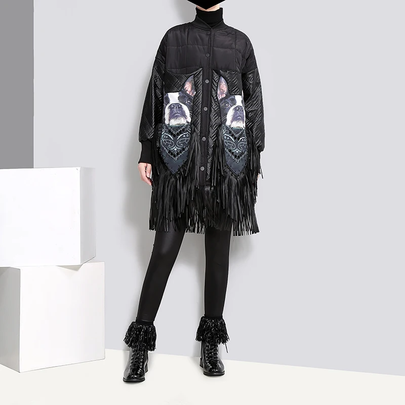 2018 зимние Для женщин Oversize длинные черные парка куртка PU бахромой Стенд воротник с