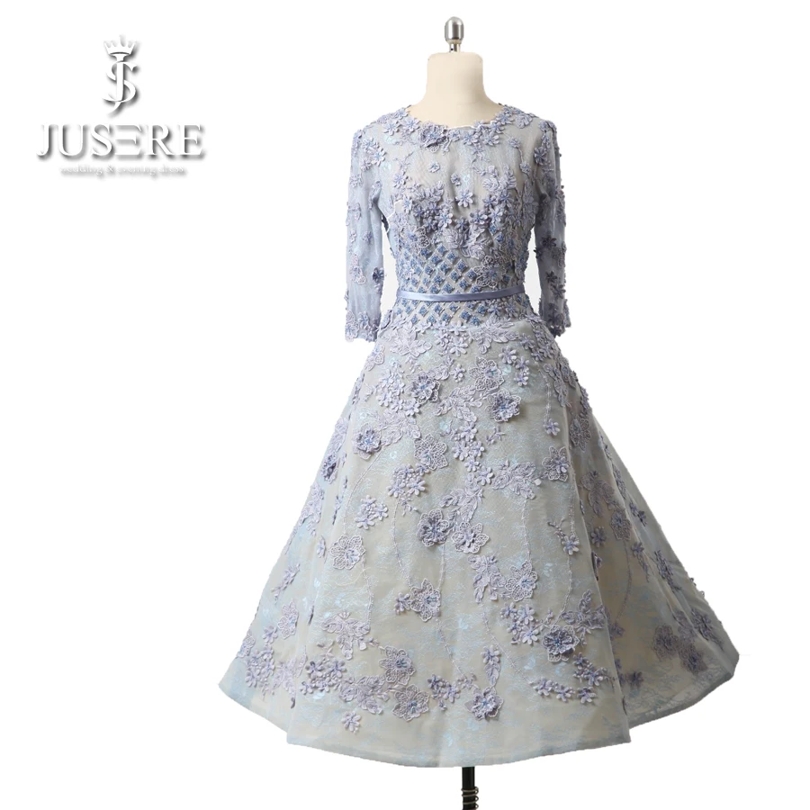 Open Back Long Sleeves Jewel Neck Lace Appliques Belt A line Bead Small Squares Flowers Light Blue Short Evening Dress | Свадьбы и