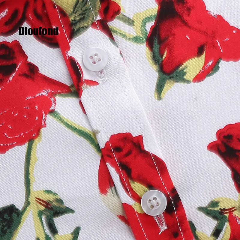 Dioufond красная роза печати рубашку женщин 2017 новая весна хлопка с длинным рукавом
