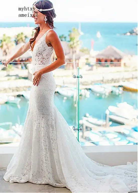 

Lace Vestido De Noiva 2020 Cheap Wedding Dresses Mermaid Deep V-neck Backless Boho Dubai Arabic Wedding Gown Bridal Dresses