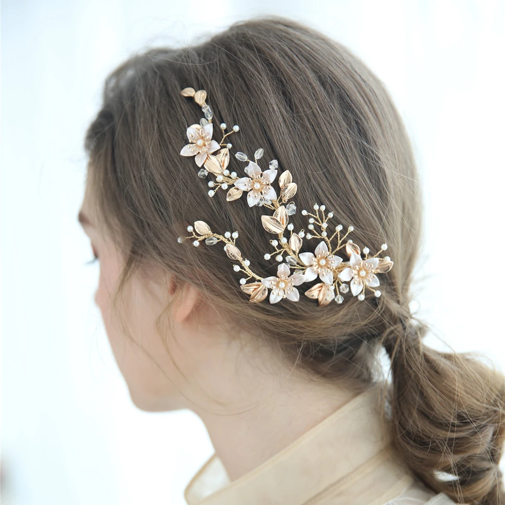 Заколка для волос с золотыми цветами ручной работы Стразы и кристаллы боковым