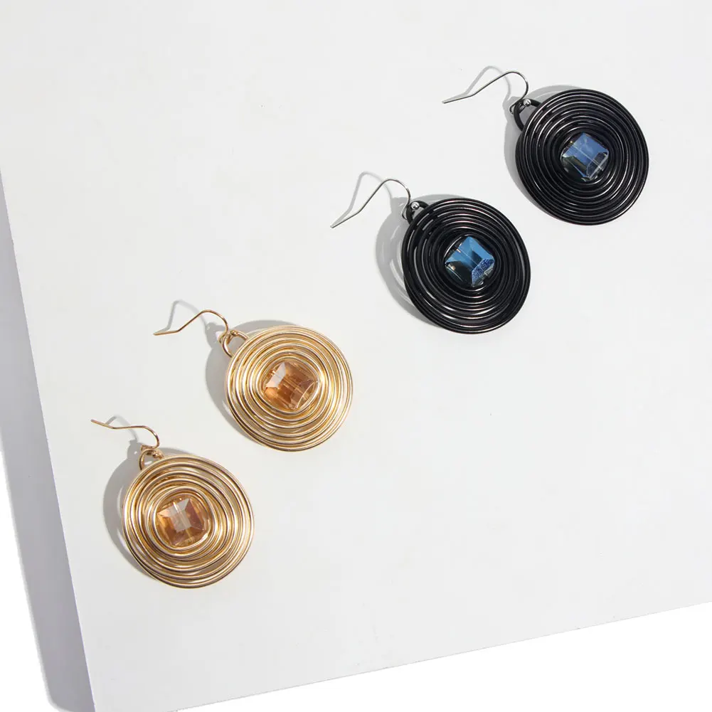 JUST FEEL Crystal Round Dangle Earrings For Women Attraction Spiral Aluminum Fashion Drop Earring Wedding Party Female Jewelry | Украшения