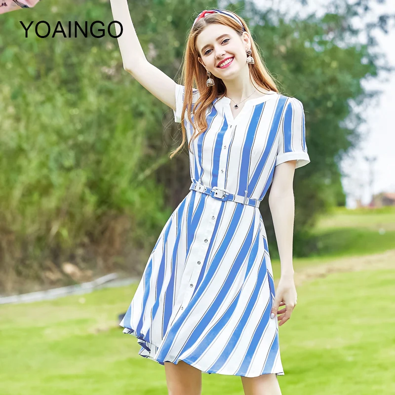 Лето 2017 г. платье Бутик Дамы Полосатый V воротник Однобортный средней длины
