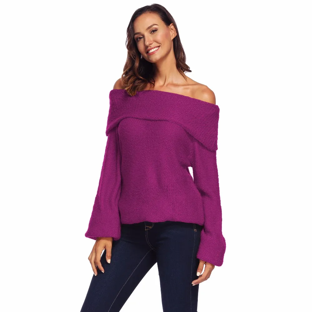 Ladies 2018 Autumn Hot New Sweater Long Sleeve Sexy Slash Neck Knit Loose Solid Pullovers Fashion | Женская одежда