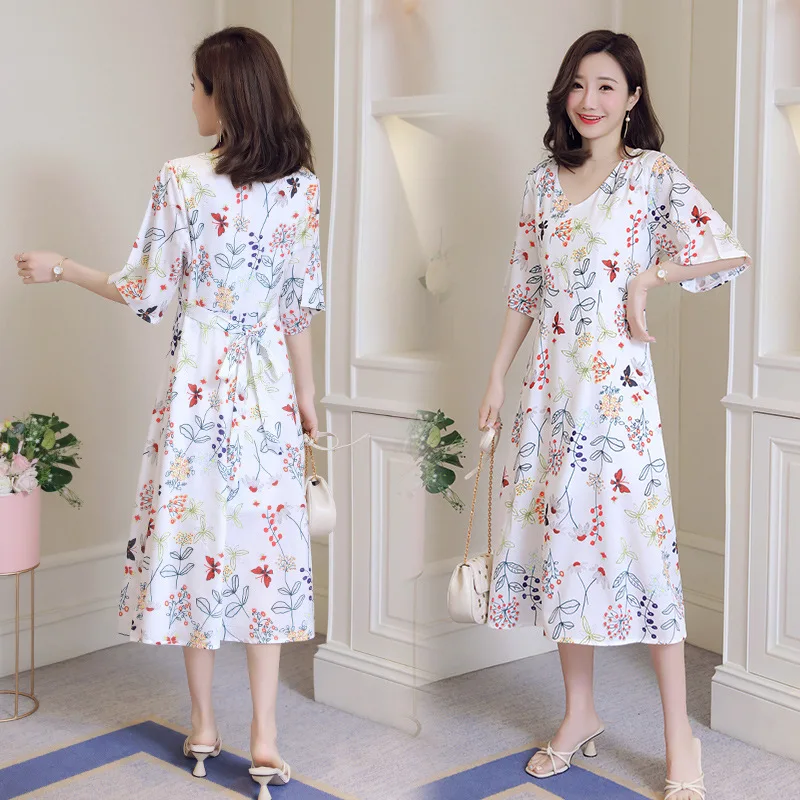 

2021 Floral Dresses for Pregnant Women Short Sleeve Silk Maternity Dresses Butterfly Print Maternity Clothing Pregnancy Dress