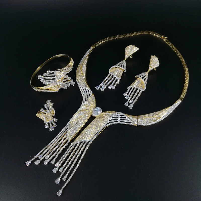 Новинка 2019, модное ожерелье с кисточками и фианитами, серьги, браслет, кольцо, свадебный банкет, обеденный набор ювелирных изделий, акция
