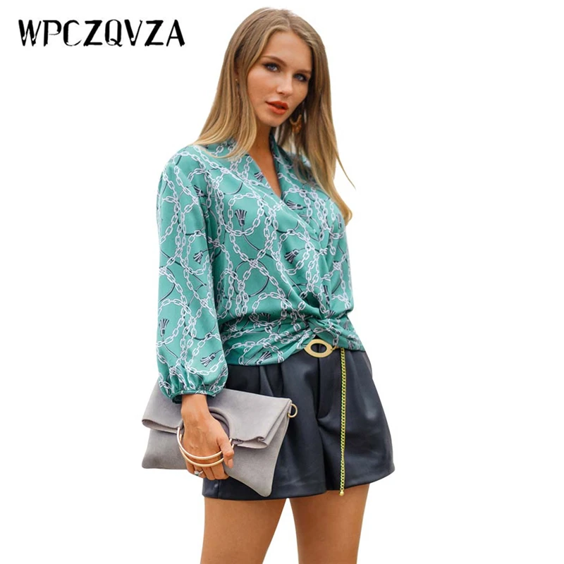 WPCZQVZA Unique Design V-Neck Women Blouse Shirt Comfortable Solid Color Elegant Pullover Fashion Printing Chain Woman Tops |