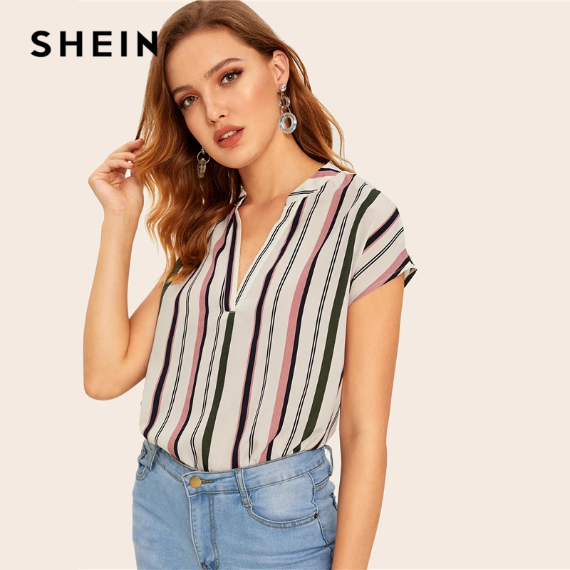 SHEIN, разноцветный топ в полоску с v-образным вырезом, летняя блузка, женская летняя рабочая одежда с глубоким подолом и рукавом-крылышком, повседневные женские топы и блузки