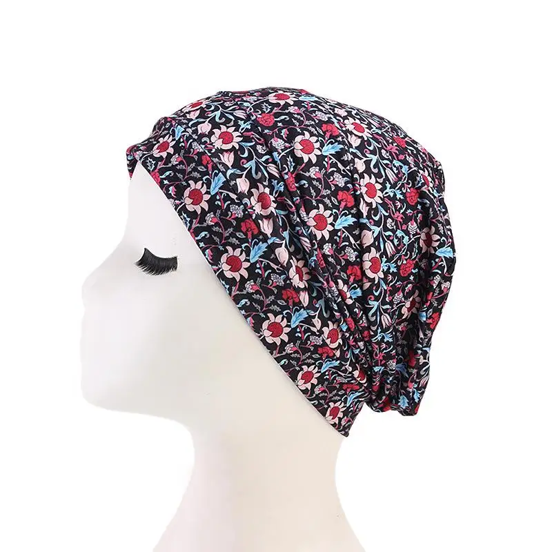 03 black floral Мусульманская женская эластичная хлопковая шапка с цветочным принтом, тюрбан, химиотерапия рак, накидка на голову, шапка с арабским исламским чепчиком, шапка для выпадения волос - Цвет: 03 black floral