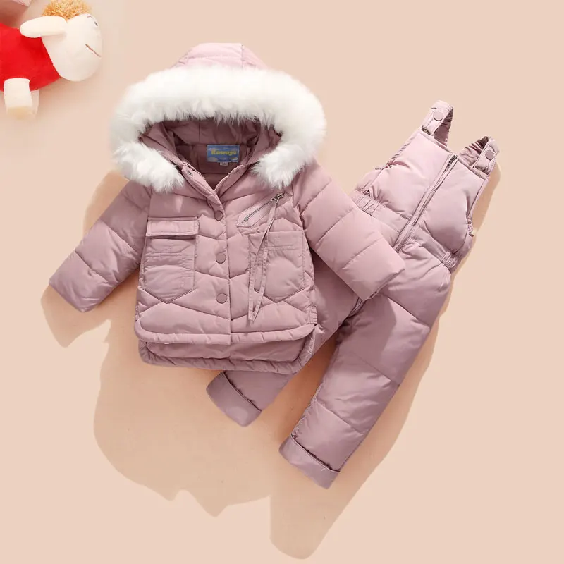 8820 pink Пуховое пальто с натуральным мехом, куртка с капюшоном+ комбинезон для маленьких девочек и мальчиков, детская одежда, пальто Зимний комплект из 2 предметов зимняя одежда для маленьких девочек - Цвет: 8820 pink