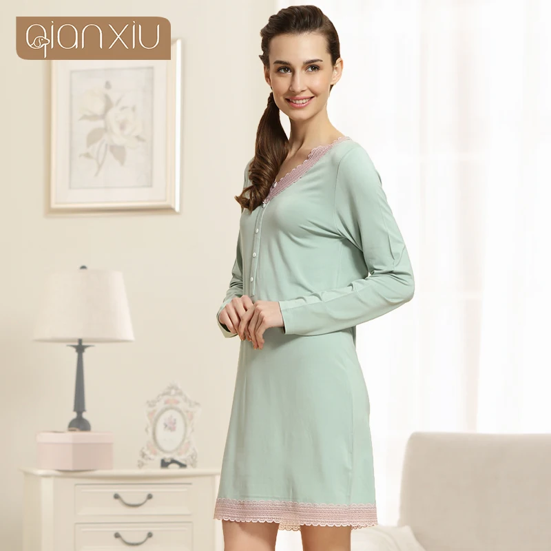 Pijamas Mujer Nightskirt Лето Модальные Повседневная Ночная Рубашка С Длинными рукавами До