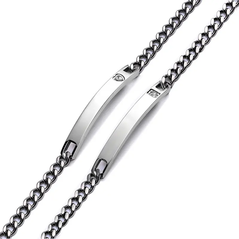 V.YA Personalized Name Stainless Steel Bracelets For Women Men ID Bracelets Inset Zircon Stone Lover Couple Jewelry Bangles Gift