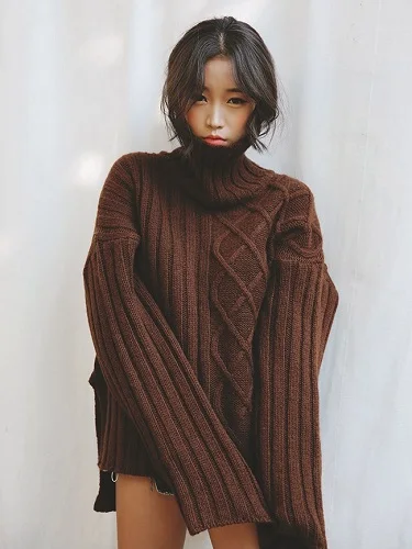 Free Shipping stylenanda retro minimalist personality twist woven turtleneck sleeve head loose knit female woman sweater | Женская