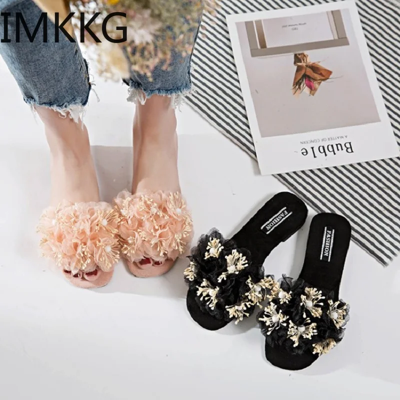 Шлепанцы женские с цветами камелии мягкие сандалии на плоской подошве красивые