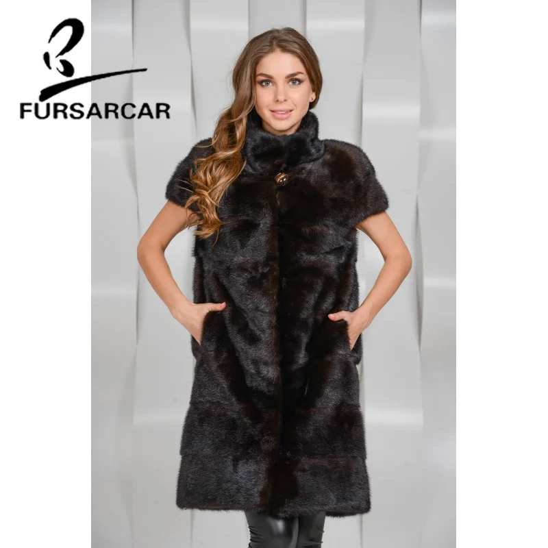 FURSARCAR Новый реального норки жилет Для женщин зимние длинные Стиль с меховой