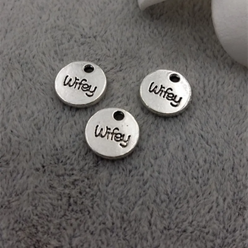 

50pcs/lot accessories alloy Anti-silver plated letters charm bead "Wifey" Letter carved DIY Jewelry Handmade for Necklace