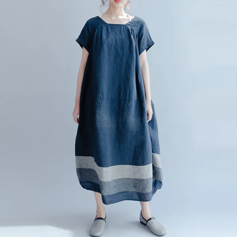 Women Patchwork Round Neck Short Sleeve Loose Long Shirt Cotton Dress Female Brief Vestido Pullover Oversize Baggy Party Kaftan | Женская