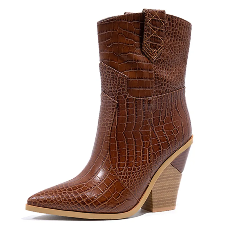 dark brown MORAZORA Size 34-46 New Brand ankle boots for women thick high heels ladies autumn winter boos gold silver fashion women boots - Цвет: dark brown