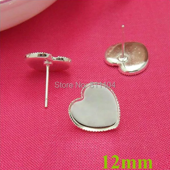 

12mm Silver Plated brass Blank Earrings Bases Love Heart Bezel Cabochon Settings Stud Pins Earrings post Findings Wholesale