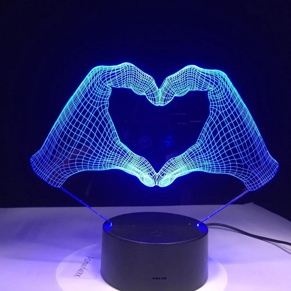 Любящее сердце жеста рукой 3D лампа светодиодный Ночной светильник с 7 цветов для