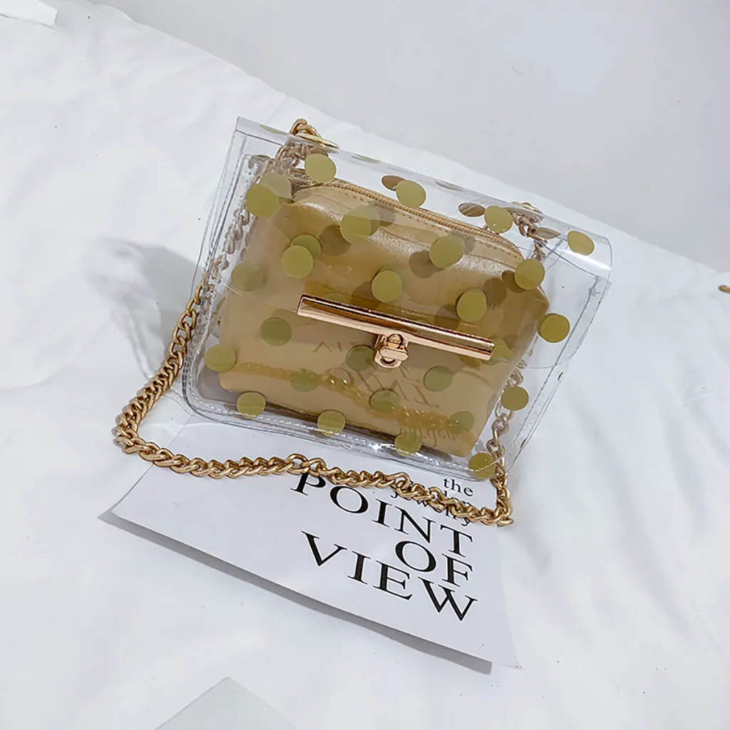 Прозрачная женская сумка через плечо саквояж на цепочке в горошек квадратная