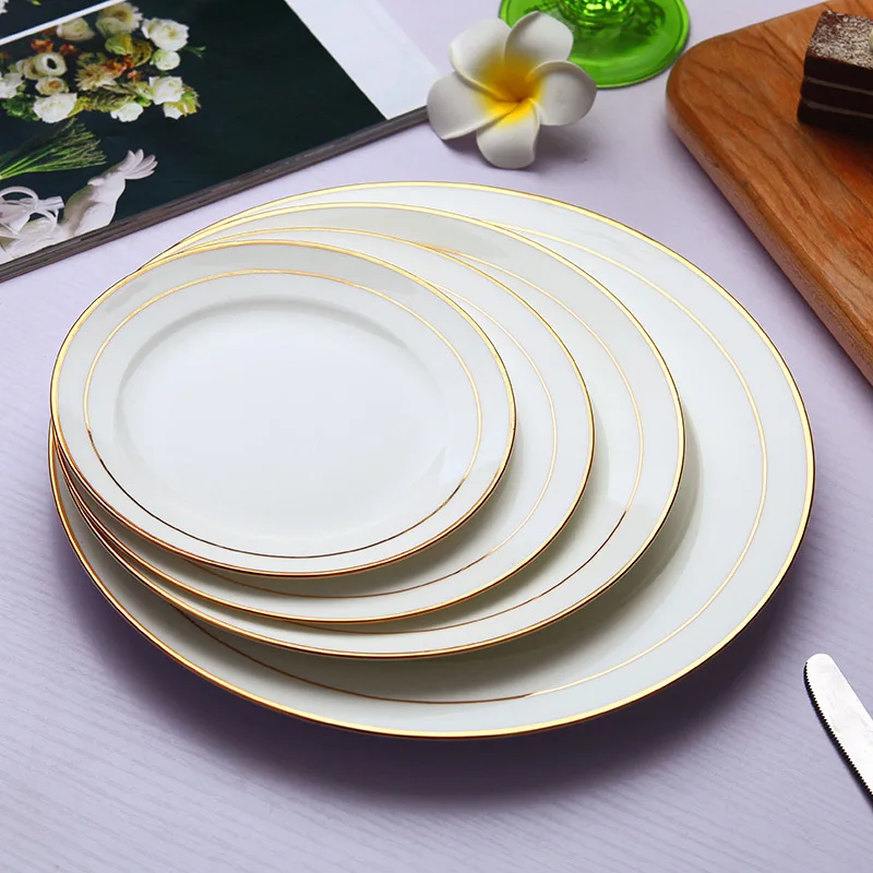 2 Pcs Direct bone china gilt dinner plate sample wedding new house banquet tableware pure white Western dish steak plate|Блюдца и