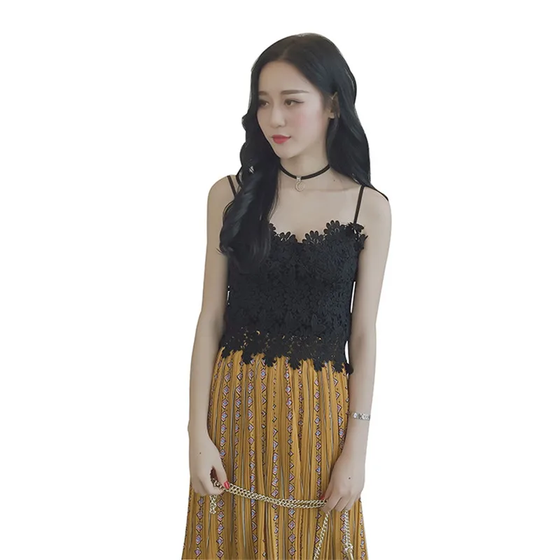 Женский укороченный топ на бретельках белый кружевной с бретельками черный YJZ081