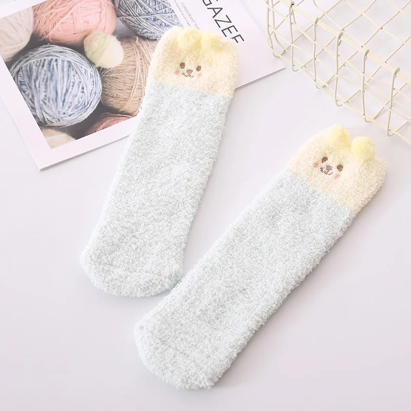 Женские зимние милые носки с вышивкой Kawaii, женские домашние Махровые Носки с рисунком, толстые теплые женские носки из кораллового флиса, женские японские носки - Цвет: blue