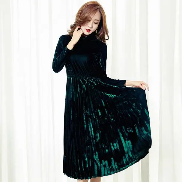 Женские бархатные платья с высоким воротником плиссированные вечерние черного и