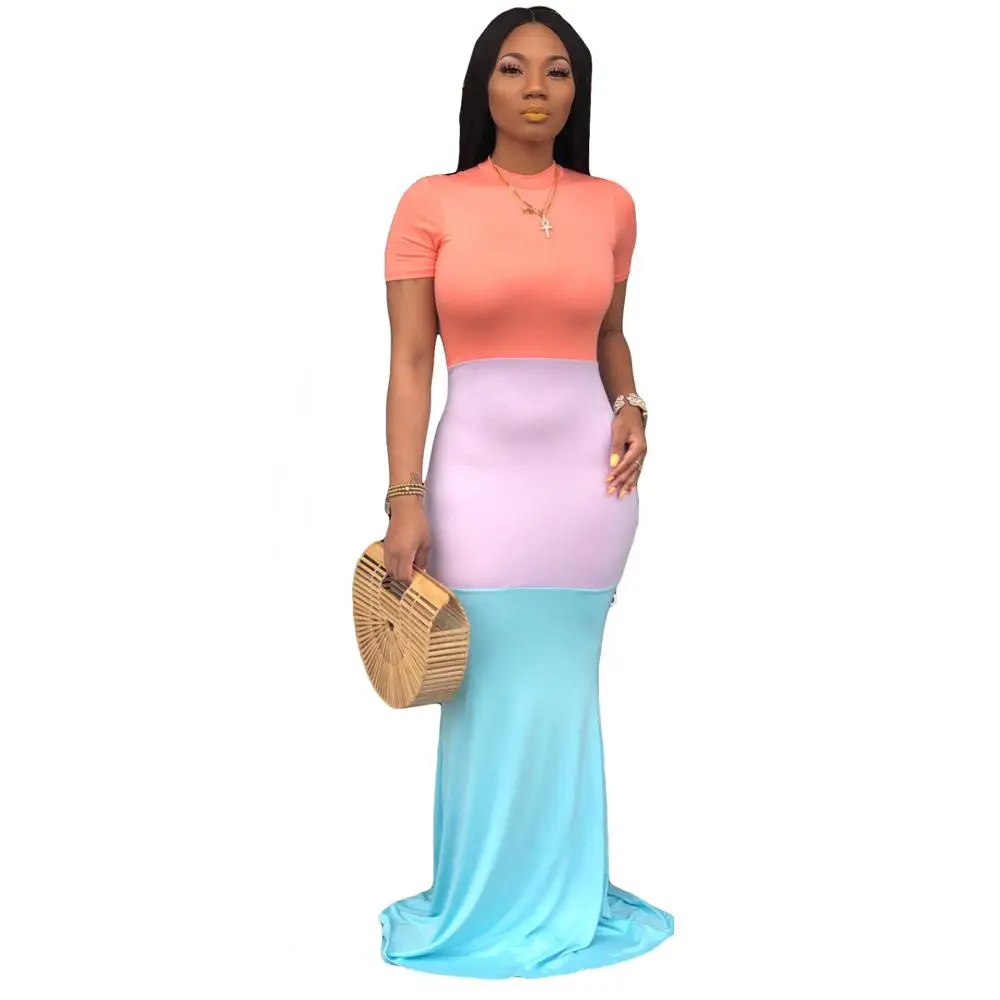 Женское длинное платье макси с коротким рукавом и круглым вырезом|Женские