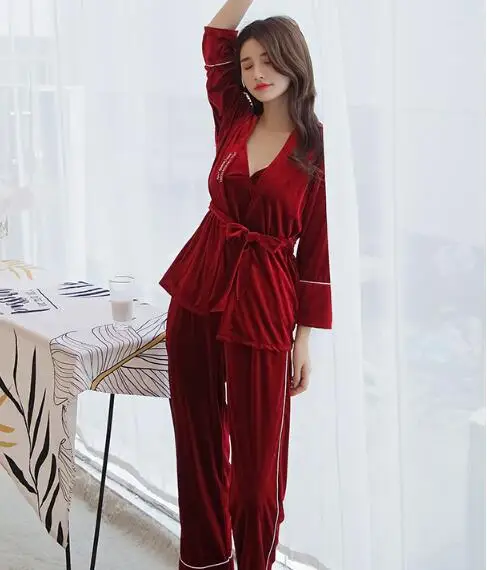 wine red Fdfklak pijama mujer, сексуальное женское белье, комплект из 3 предметов, женский зимний пижамный комплект, золотой бархатный теплый Пижамный костюм, Дамская пижама, пижама - Цвет: wine red